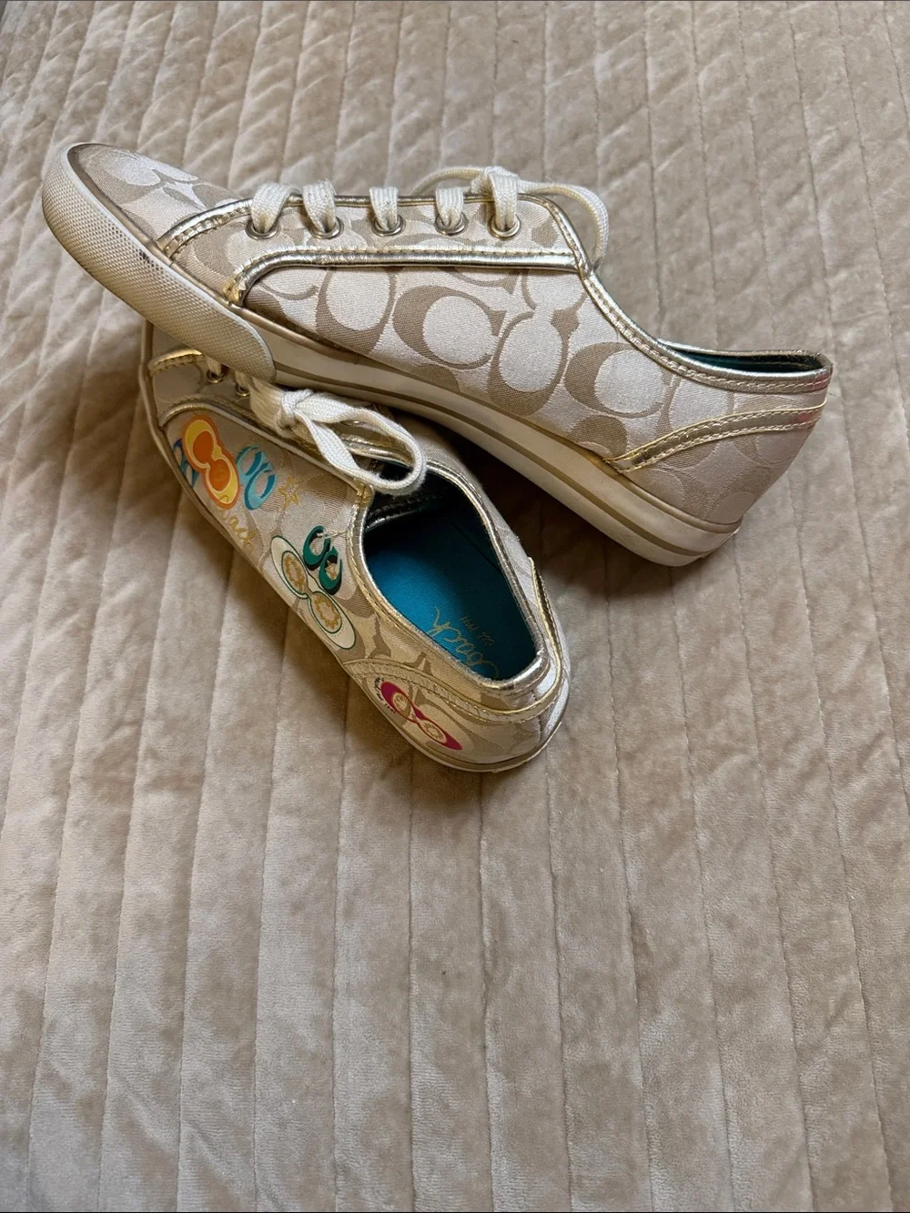 Coach Kids Cream Canvas Sneakers with Gold Trim and Multicolor Accents